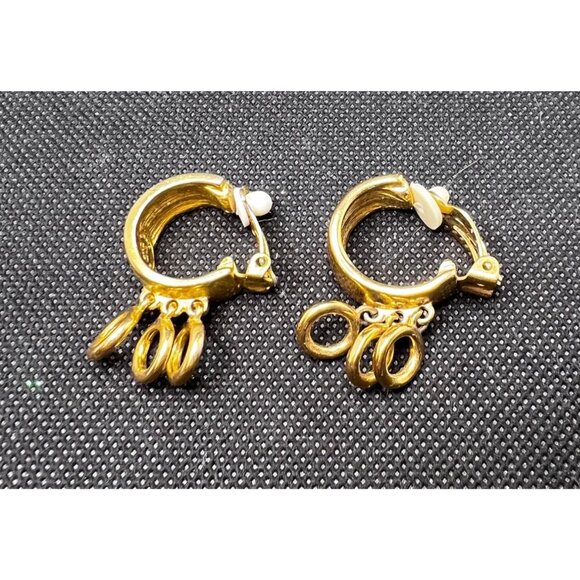 Gold-Tone Givenchy Dangle Hoop Earrings With Decorative Rings & Clip-On Backings - Picture 1 of 8